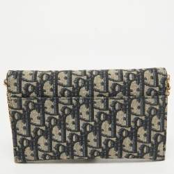 Dior Navy Blue Oblique Canvas and Leather Saddle Wallet on Chain