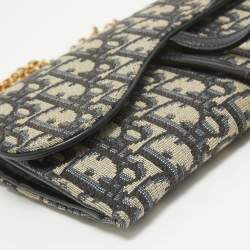 Dior Navy Blue Oblique Canvas and Leather Saddle Wallet on Chain