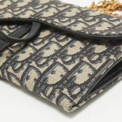 Dior Navy Blue Oblique Canvas and Leather Saddle Wallet on Chain
