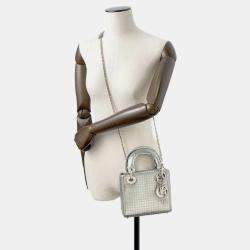 Dior Silver Leather Microcannage Mini Lady Dior Top Handle Bags