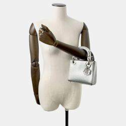 Dior Silver Leather Microcannage Mini Lady Dior Top Handle Bags