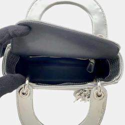 Dior Silver Leather Microcannage Mini Lady Dior Top Handle Bags