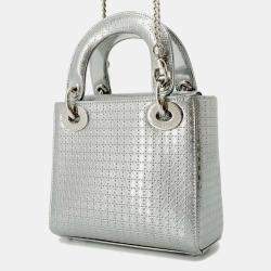 Dior Silver Leather Microcannage Mini Lady Dior Top Handle Bags