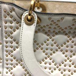 Dior White Leather Studded Medium Lady Dior Top Handle Bags