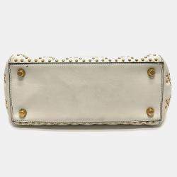 Dior White Leather Studded Medium Lady Dior Top Handle Bags