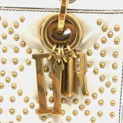 Dior White Leather Studded Medium Lady Dior Top Handle Bags