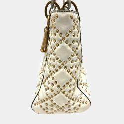 Dior White Leather Studded Medium Lady Dior Top Handle Bags