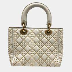 Dior White Leather Studded Medium Lady Dior Top Handle Bags