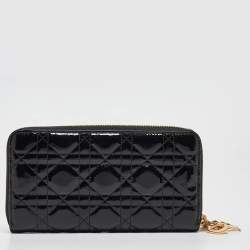Pre Owned Dior Black Cannage Patent Leather Lady Dior Zip Around Wallet