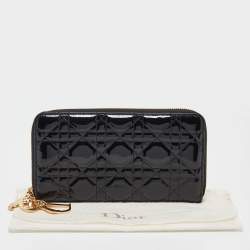 Pre Owned Dior Black Cannage Patent Leather Lady Dior Zip Around Wallet
