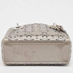 Pre Owned Dior Grey Cannage Embellished Satin Mini Lady Dior Tote