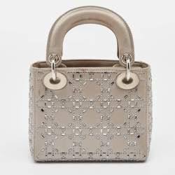 Pre Owned Dior Grey Cannage Embellished Satin Mini Lady Dior Tote