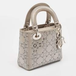 Pre Owned Dior Grey Cannage Embellished Satin Mini Lady Dior Tote