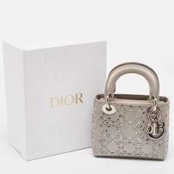 Pre Owned Dior Grey Cannage Embellished Satin Mini Lady Dior Tote