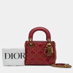 Dior Red Lambskin Cannage Mini Studded Supple Lady Dior Tote Bag