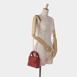 Dior Red Lambskin Cannage Mini Studded Supple Lady Dior Tote Bag