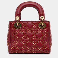 Dior Red Lambskin Cannage Mini Studded Supple Lady Dior Tote Bag