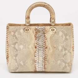 Pre Owned Dior Gold/Beige Python Large Lady Dior Tote