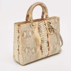 Pre Owned Dior Gold/Beige Python Large Lady Dior Tote