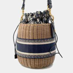 Dior Blue Canvas and Wicker Drawstring Bucket Bag