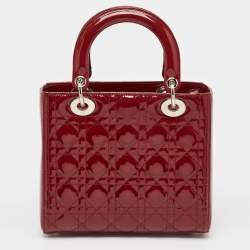 Pre Owned Dior Red Cannage Patent Leather Medium Lady Dior Tote