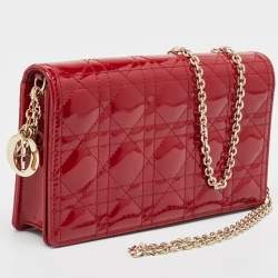 Pre Owned Dior Red Cannage Patent Leather Lady Dior Chain Clutch
