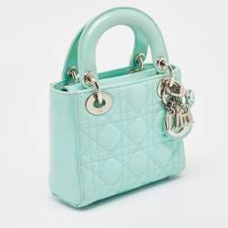 Pre Owned Dior Mint Blue Cannage Patent Leather Mini Lady Dior Tote