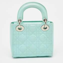 Pre Owned Dior Mint Blue Cannage Patent Leather Mini Lady Dior Tote