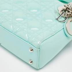 Pre Owned Dior Mint Blue Cannage Patent Leather Mini Lady Dior Tote