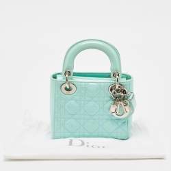 Pre Owned Dior Mint Blue Cannage Patent Leather Mini Lady Dior Tote