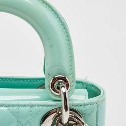 Pre Owned Dior Mint Blue Cannage Patent Leather Mini Lady Dior Tote
