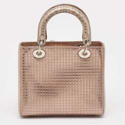 Pre Owned Dior Metallic Rose Gold Microcannage Patent Leather Medium Lady Dior Tote