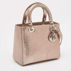 Pre Owned Dior Metallic Rose Gold Microcannage Patent Leather Medium Lady Dior Tote