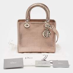 Pre Owned Dior Metallic Rose Gold Microcannage Patent Leather Medium Lady Dior Tote