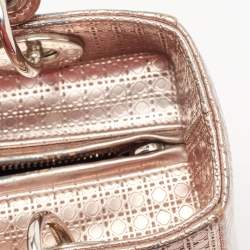 Pre Owned Dior Metallic Rose Gold Microcannage Patent Leather Medium Lady Dior Tote