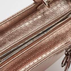 Pre Owned Dior Metallic Rose Gold Microcannage Patent Leather Medium Lady Dior Tote
