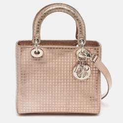 Pre Owned Dior Metallic Rose Gold Microcannage Patent Leather Medium Lady Dior Tote