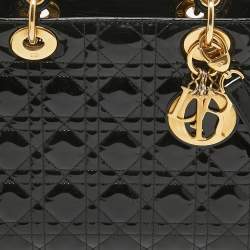 Pre Owned Dior Black Cannage Patent Leather Medium Lady Dior Tote