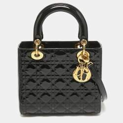 Pre Owned Dior Black Cannage Patent Leather Medium Lady Dior Tote