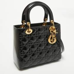 Pre Owned Dior Black Cannage Patent Leather Medium Lady Dior Tote