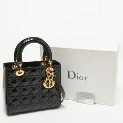 Pre Owned Dior Black Cannage Patent Leather Medium Lady Dior Tote