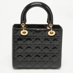 Pre Owned Dior Black Cannage Patent Leather Medium Lady Dior Tote