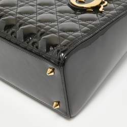Pre Owned Dior Black Cannage Patent Leather Medium Lady Dior Tote