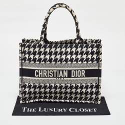 Dior Black/White Embroidered Macro Houndstooth Canvas Medium Book Tote
