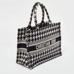 Dior Black/White Embroidered Macro Houndstooth Canvas Medium Book Tote