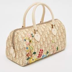 Dior Beige Diorissimo Coated Canvas Flower Embroidered Boston Bag