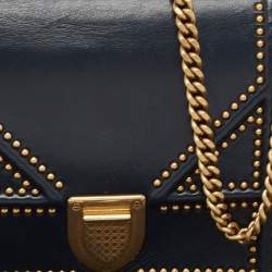Pre Owned Dior Navy Blue Leather Leather Diorama Wallet On Chain