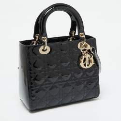 Dior Black Cannage Patent Leather Medium Lady Dior Tote