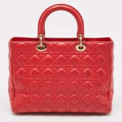 Pre Owned Dior Red Cannage Leather Large Lady Dior Tote