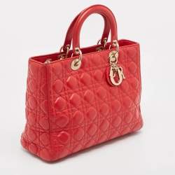Pre Owned Dior Red Cannage Leather Large Lady Dior Tote